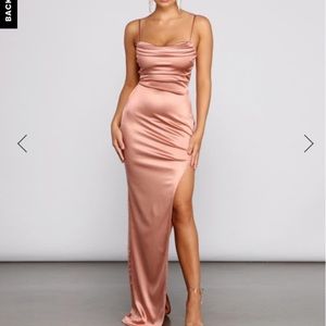 Beautiful rose gold satin dress w/ high split
